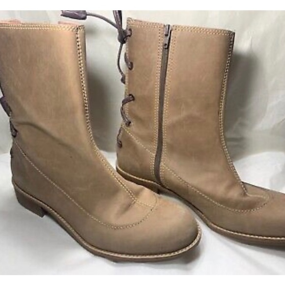 Anthropologie Miss Albright Full Zip Lace-up Back Sand Leather Boots  sz 8.5 - Picture 3 of 11